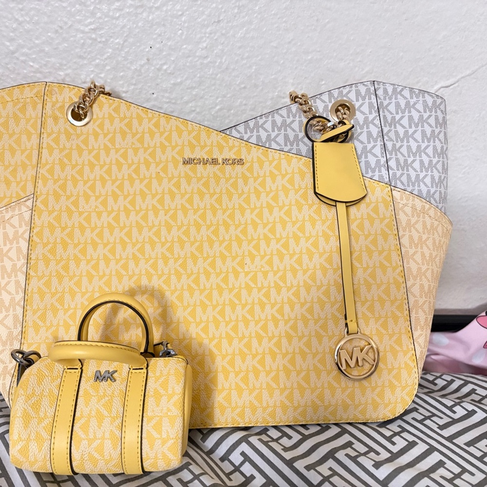 Michael Kors Yellow and Gray MK Tote W/ mini coin bag!